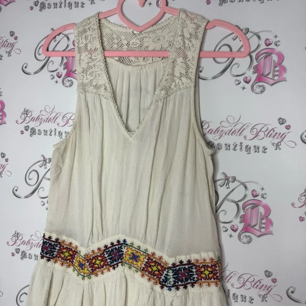 Free people dress Aztec embroidered embroidery cream white boho hippie flowy
